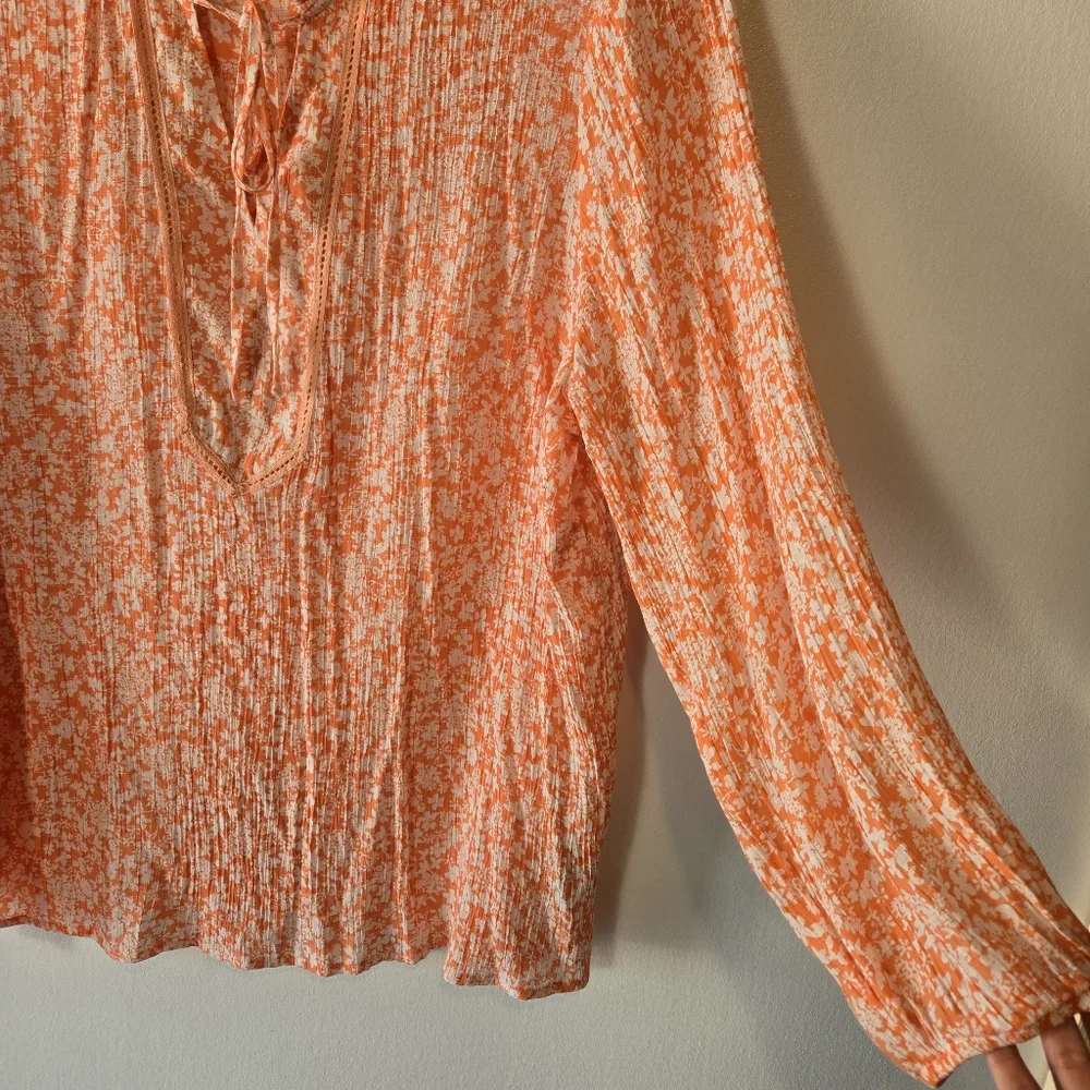 Lee Orange White Floral Lightweight Gauze Long Sleeve Tunic Top Plus Size 3X - Picture 7 of 15
